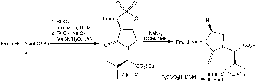 Figure 3. Synthèse du Fmoc-3R,4S-(4-N3)Agl-D-Val-OH (9).16